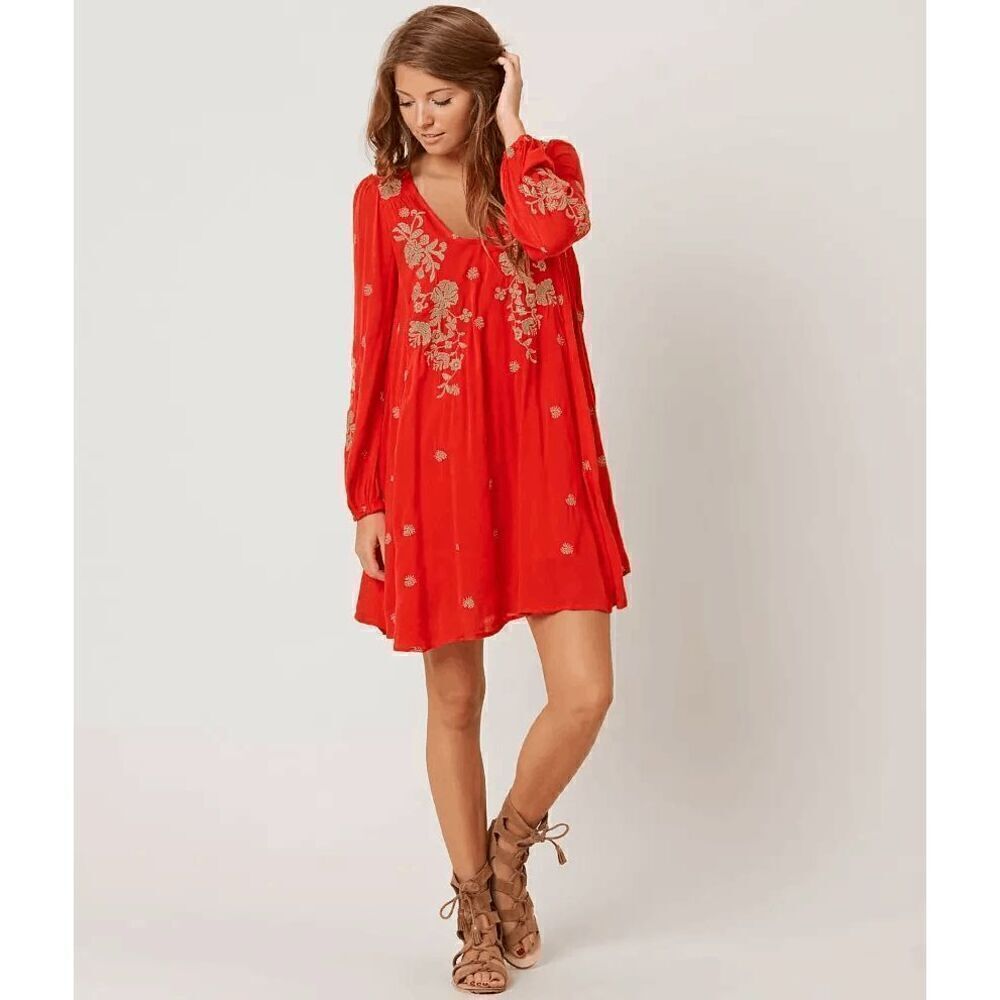 Free People Sweet Tennessee Red Tan Embroidered Long Sleeve Dress